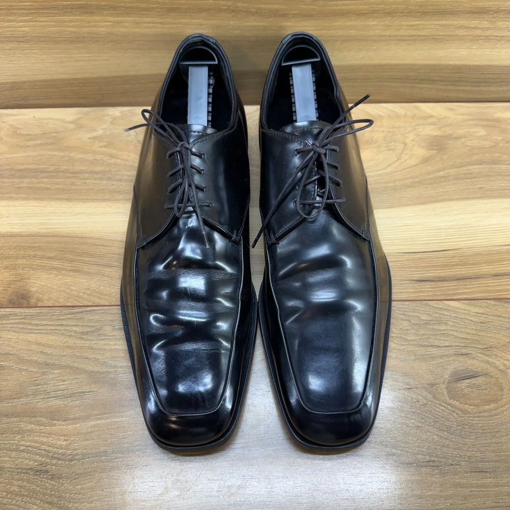 PRADA FLAW Vintage Square Toe Oxford Men 9.5 UK 8.5 Black High Gloss Formal